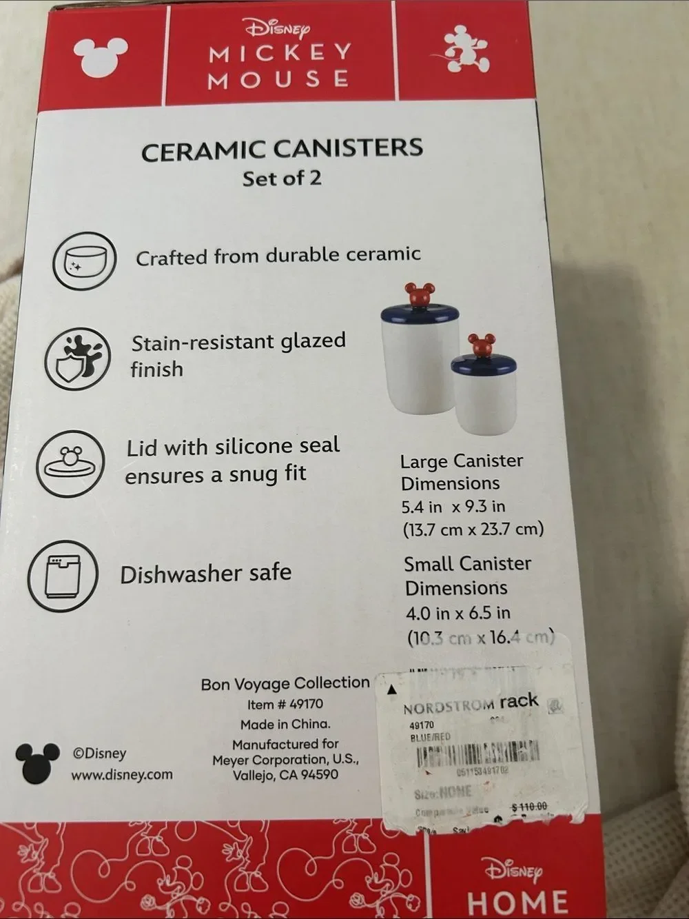 Disney Mickey Mouse Ceramic Canisters Set of 2, Red, White, Blue, NWT